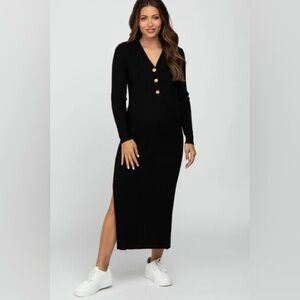 Black ribbed knit side slit maternity maxi dress